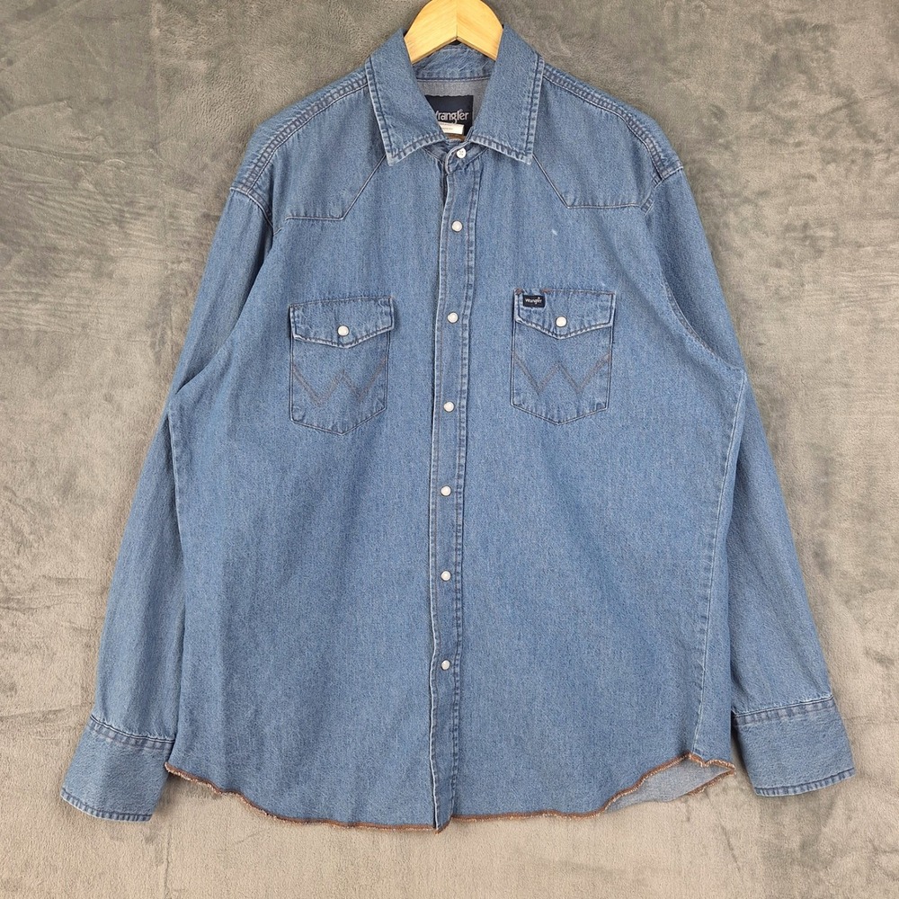 Vtg Wrangler Shirt Mens XL Pearl Snap Chambray Denim Western Cowboy Rodeo Ranch